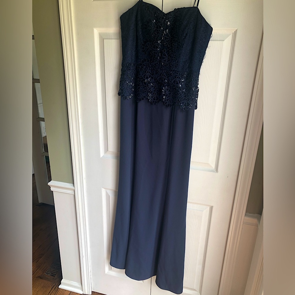 Aidan Mattox Navy Peplum Evening gown. Strapless with lace and sequin. Size 4